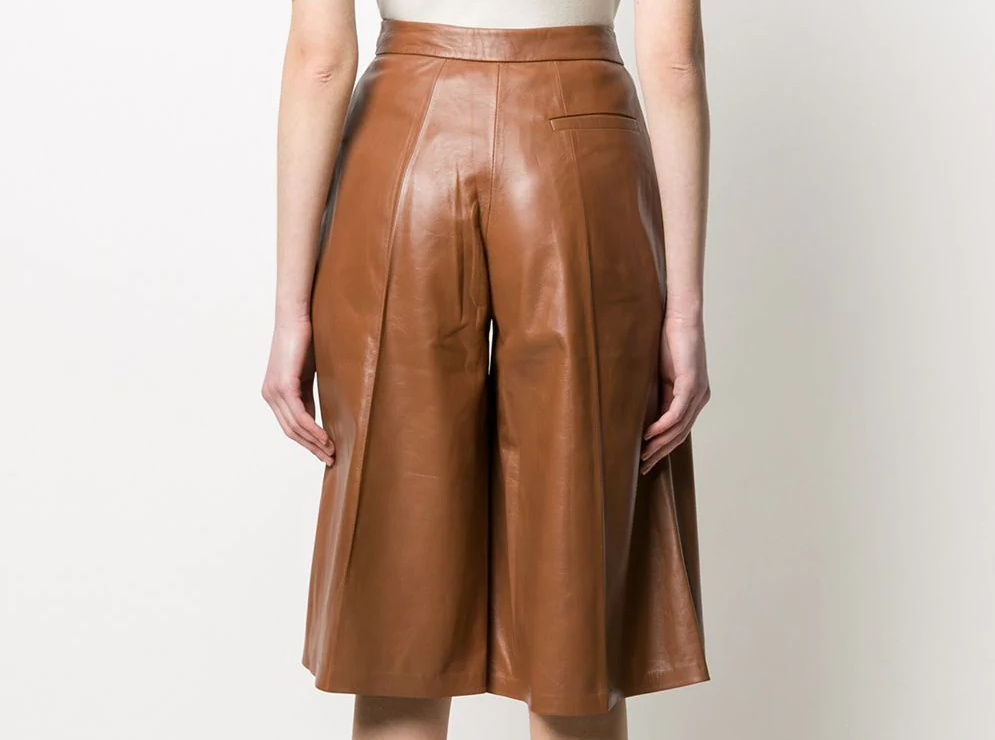 Genuine leather pants women high-rise leather culottes Pant Wide Leg Short Pant