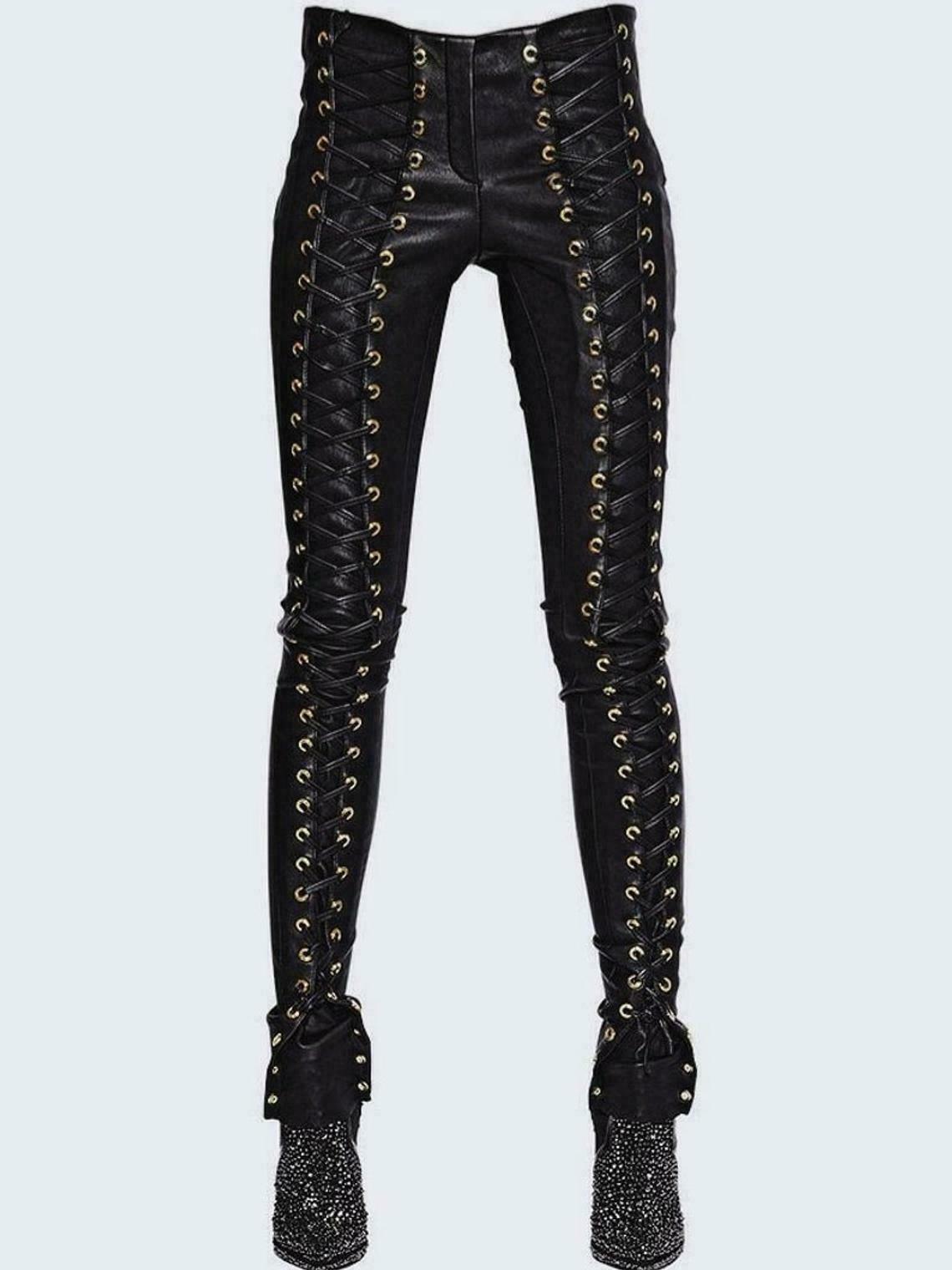 Women skinny leather pants gothic Biker women Motorcycle pants Laceup sexy pants