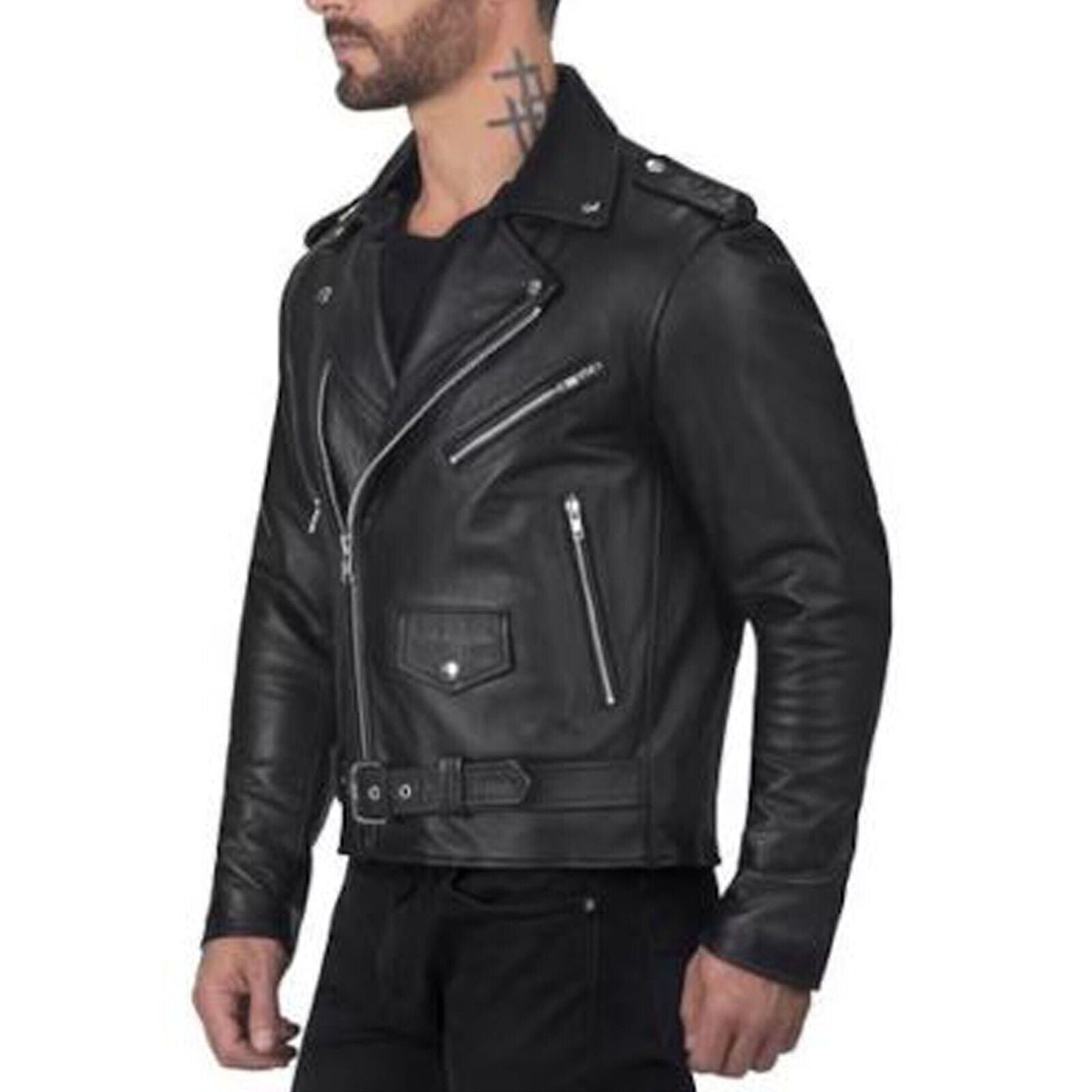 Men Quilted Genuine Leather Jacket Outdoor Soft Padded Casual Leather Jacket