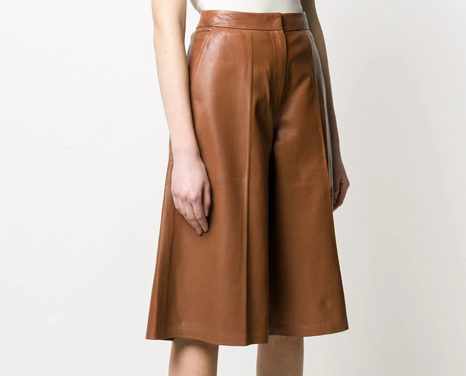 Genuine leather pants women high-rise leather culottes Pant Wide Leg Short Pant