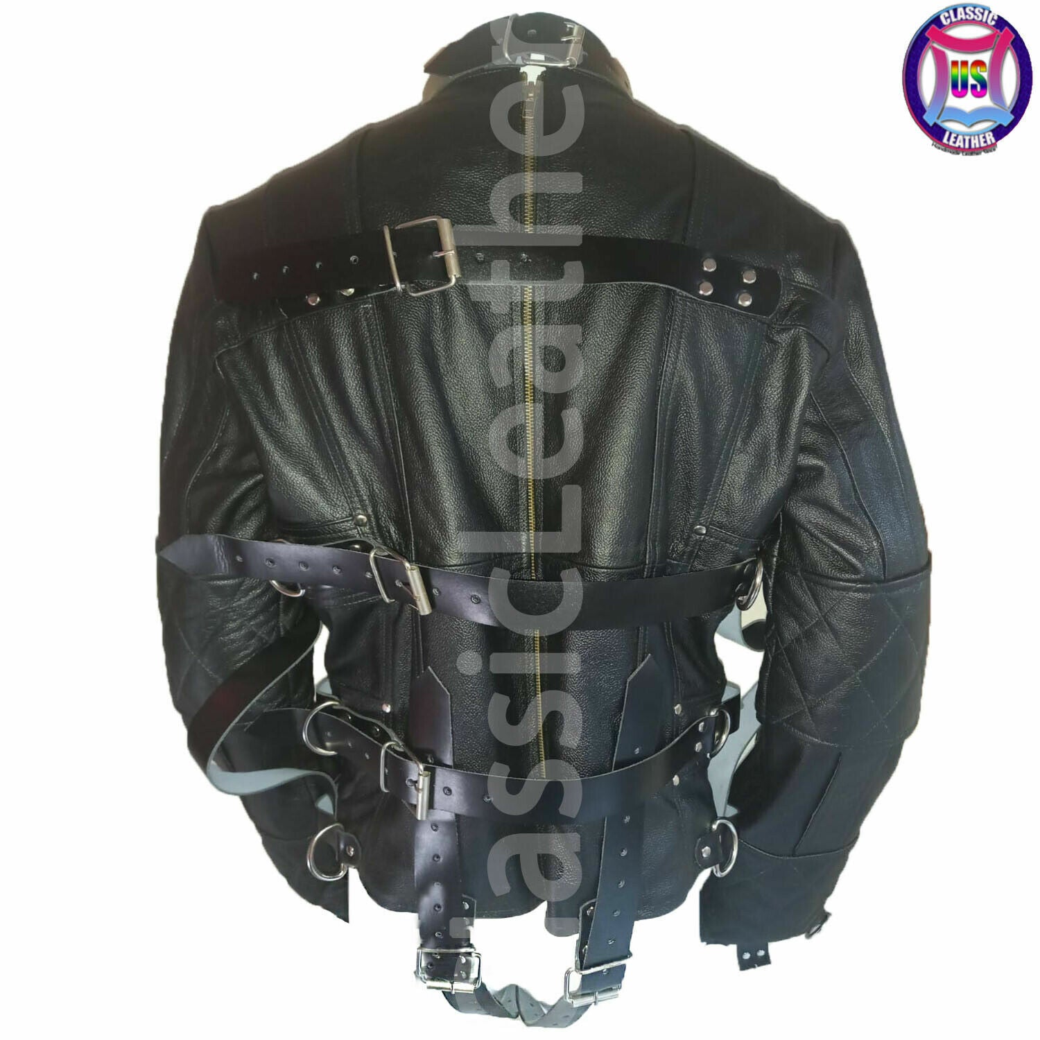 *Men real Leather straight Jacket Asylum BDSM Restraint Costume Armbinder Jacket