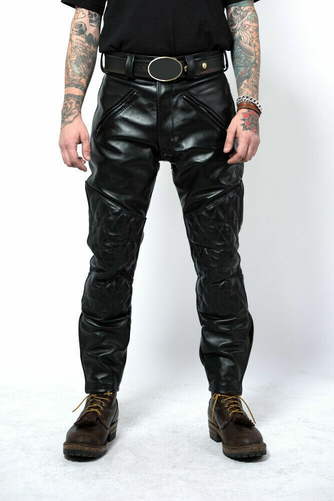 Mens Real Leather Bikers Pants Quilted Leather Black pants BLUF Uniform Gay pant