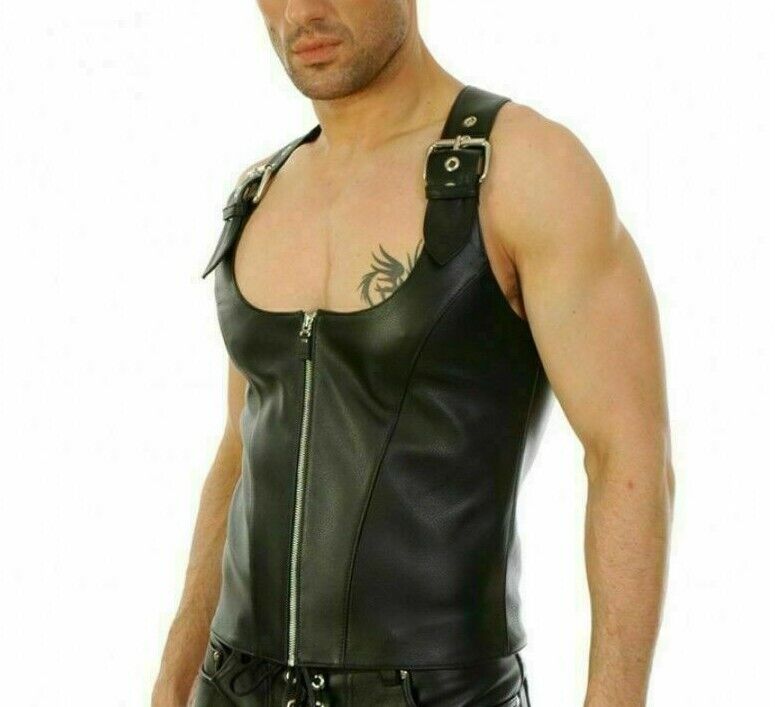 Black Leather waistcoat Harley biker club studs jacket Gay vest mens zipper Vest