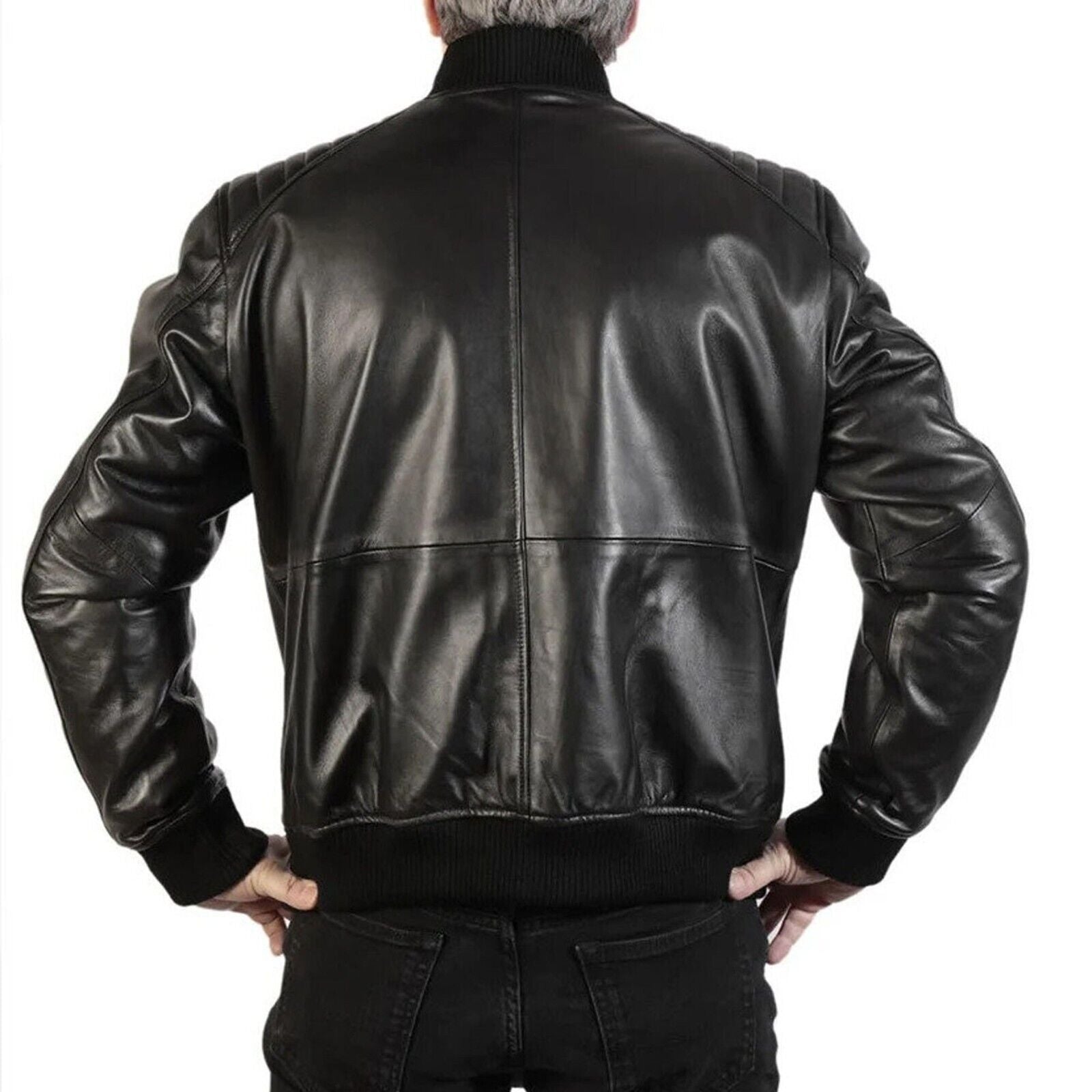 *Men Genuine Leather Jacket Padded Shoulder Outdoor Casual Racer Slim Fit Jacket