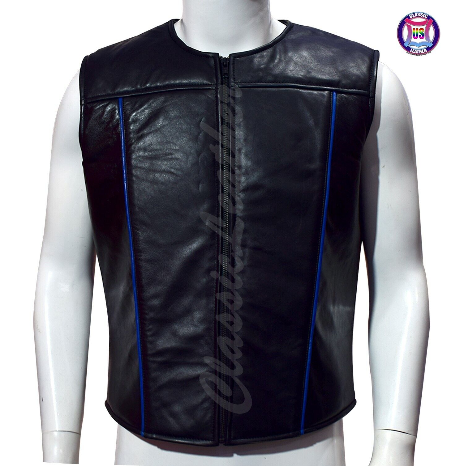 Mens leather waistcoat gay vest black bluf sleeveless Zipper jacket blue piping