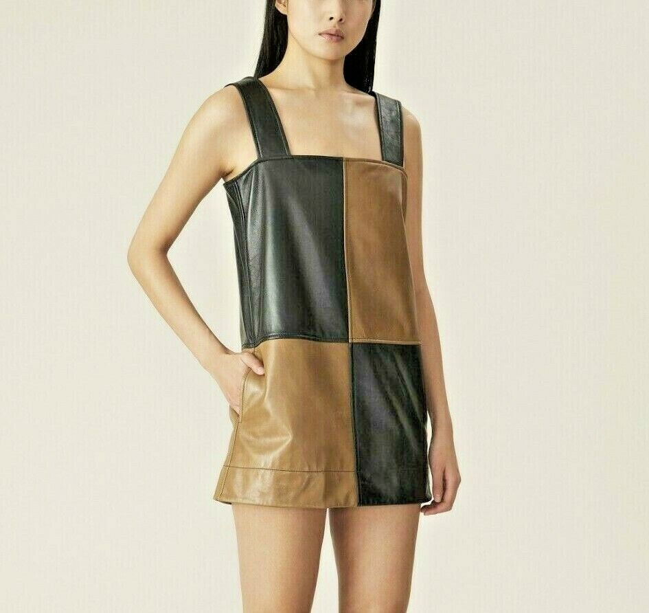 Womens Genuine lamb Leather minidress Checked color-block Square Neck wide Strap