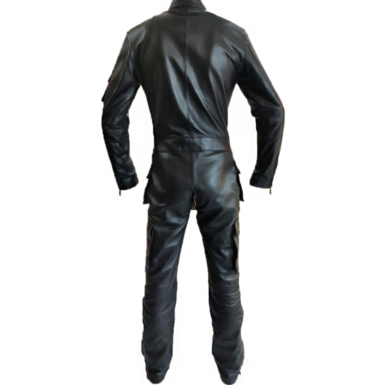 MEN REAL LEATHER CATSUIT BLACK BODYSUIT OVERALL MEN JUMPSUIT HOT WORKWEAR ROMPER