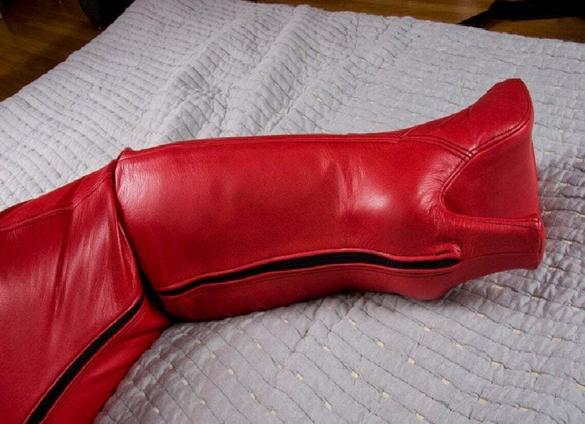 Leather Extreme Bondage bag RED Leather Sleep Sack BDSM Sensory Deprivation Hood