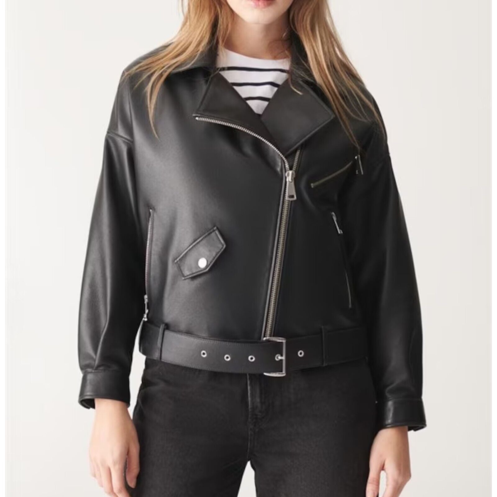 Women Real Genuine Leather Jacket Motorcycle Black Slim Crop Biker Jacket