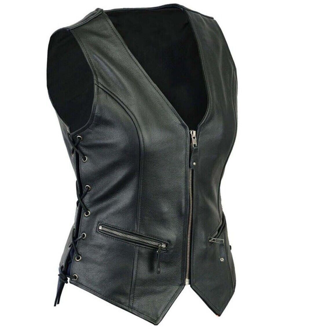 100% Women Genuine Leather Vest Black Slim Fit Vintage Moto Biker Vest Jacket SM