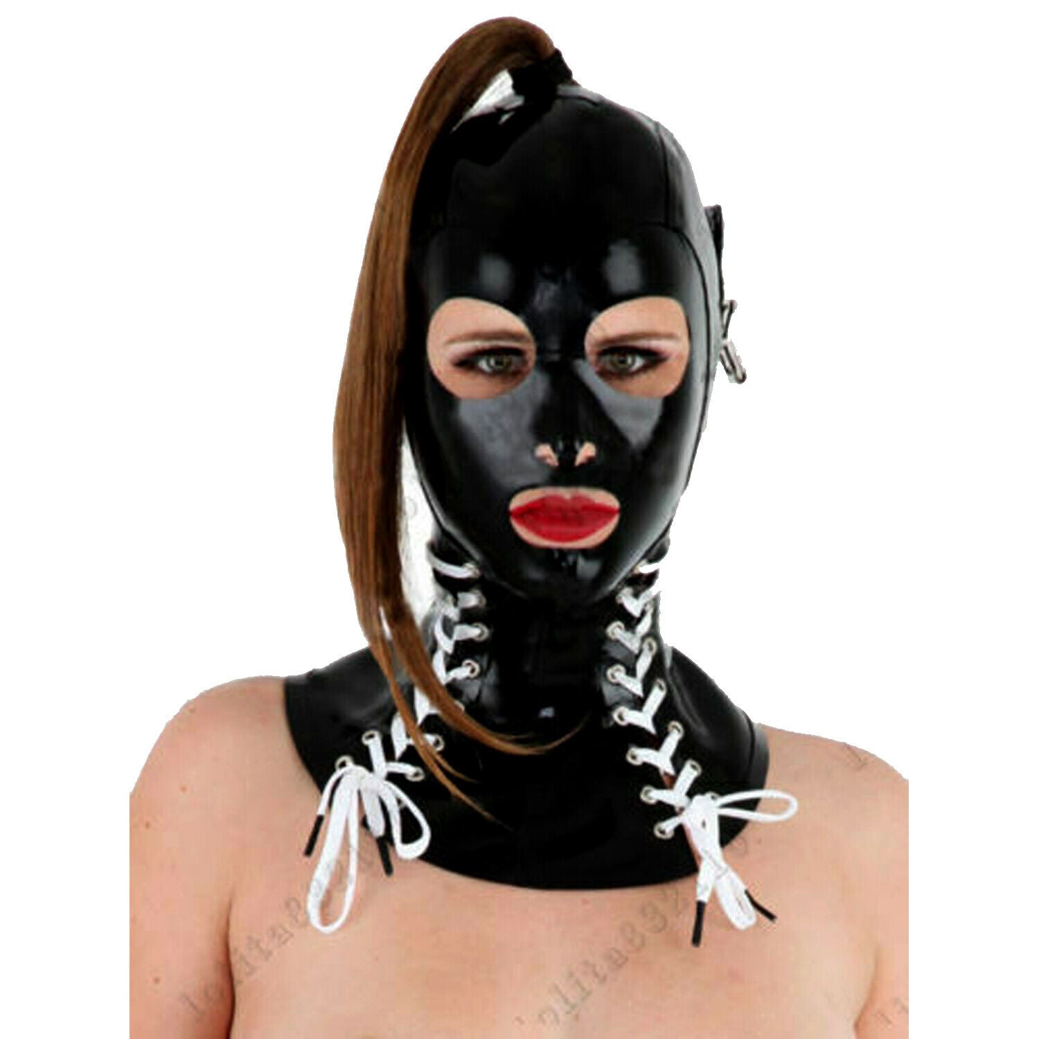 *Real Leather Women Hood Blindfold with Eye cover Lace Up fetish Mistress Mask