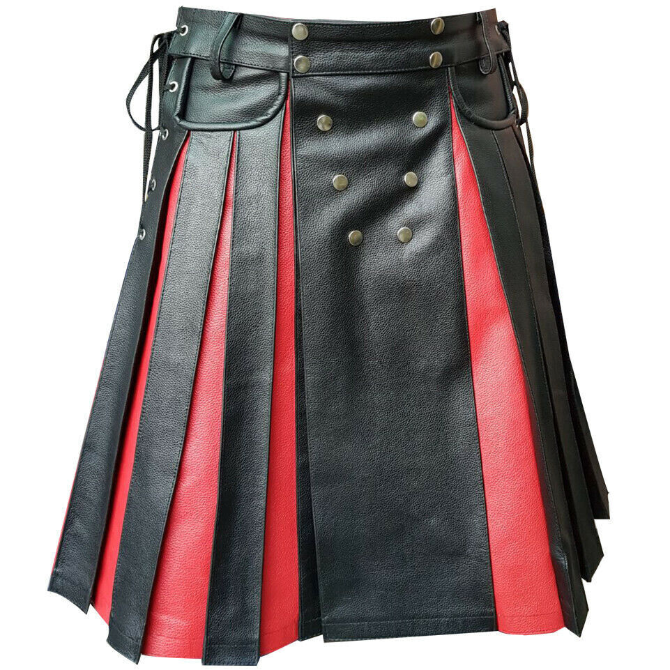 Men Kilt BLACK RED Leather Gladiator Pleated Utility FLAT FRONT Pocket Wrap