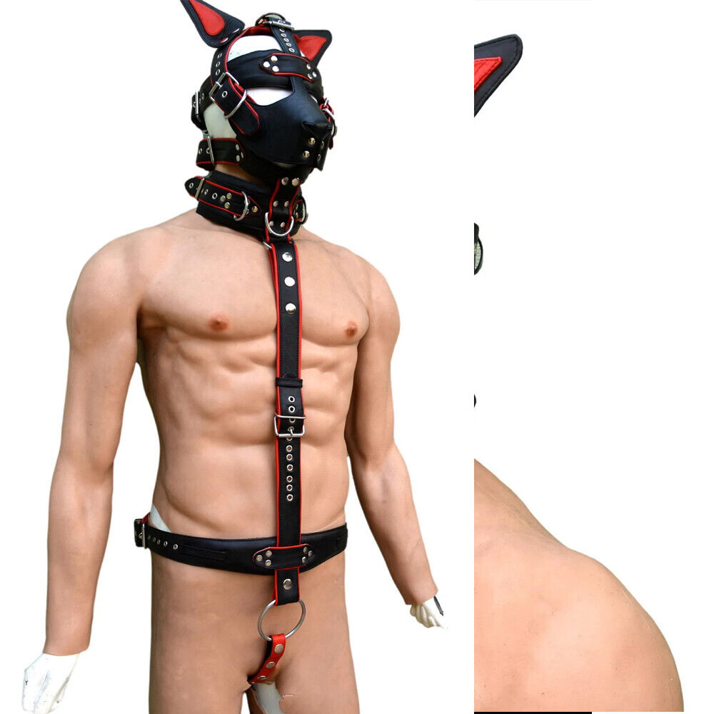 Men Handmade Body Harness with cock ring and puppy mask ,muzzle head harness