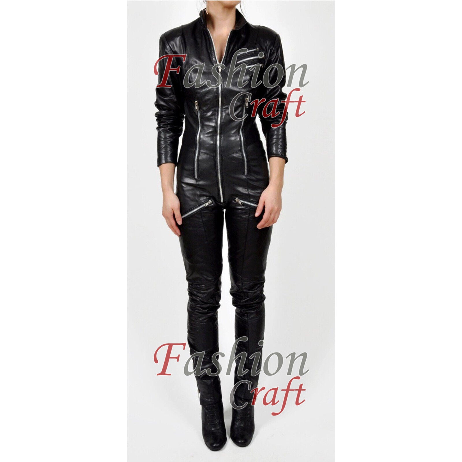 Real Black Sheep leather catsuit for women jumpsuit zipper sexy dress Leather Fe