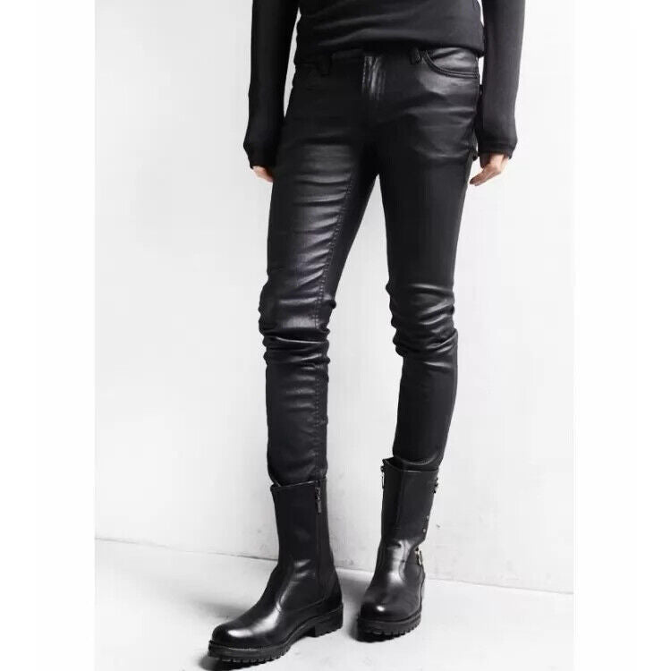 Mens street style black leather motorcycle pant Biker cafe racer skinny pants