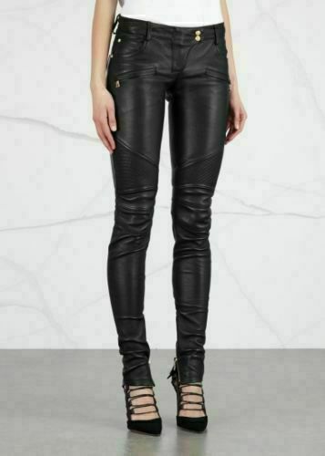 Women Black Pant quilted Lambskin Leather Biker Pants Trousers Skinny Leggings 