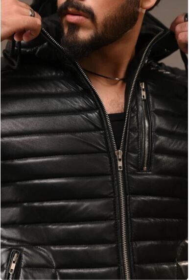 100% Men Quilted Genuine Leather Jacket Outdoor Soft Padded Hooded Jacket