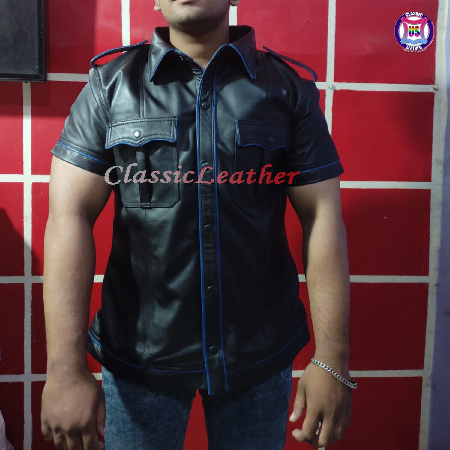 Gay Club Leather Shirt Black Shirt & Blue Pippin T-Shirt Clubwear Casual Jacket 