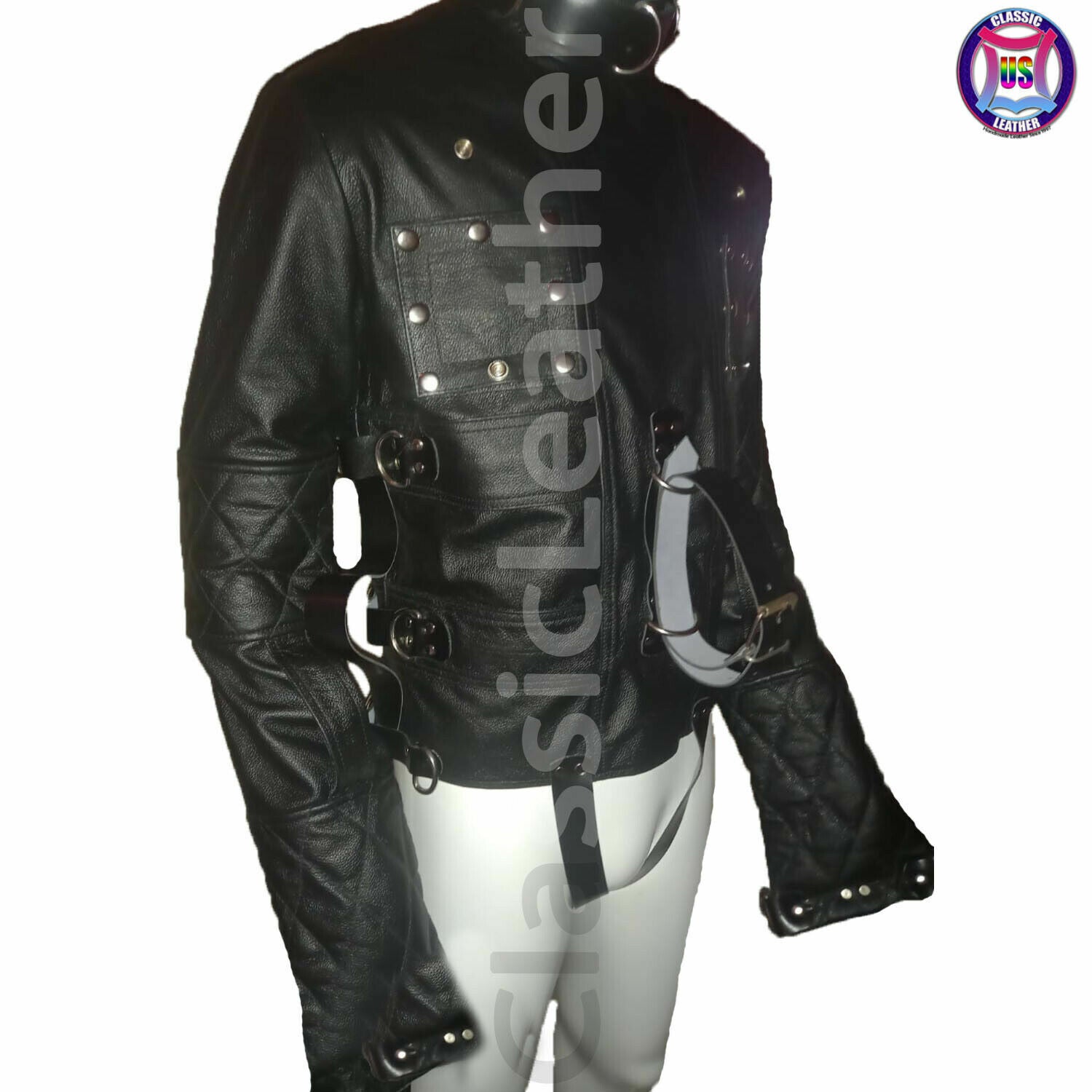 *Men real Leather straight Jacket Asylum BDSM Restraint Costume Armbinder Jacket