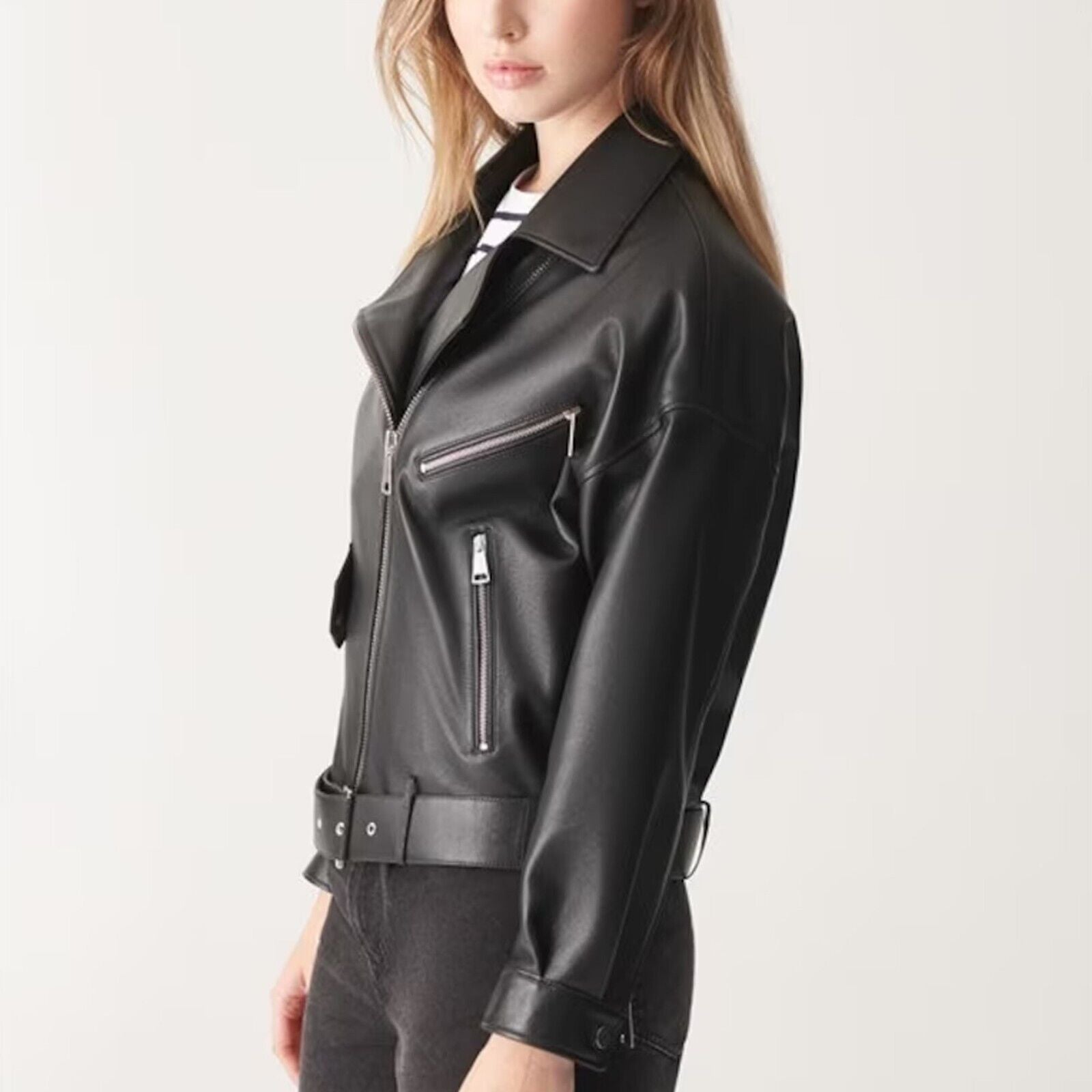 Women Real Genuine Leather Jacket Motorcycle Black Slim Crop Biker Jacket