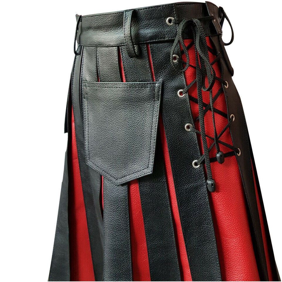 Men Kilt BLACK RED Leather Gladiator Pleated Utility FLAT FRONT Pocket Wrap