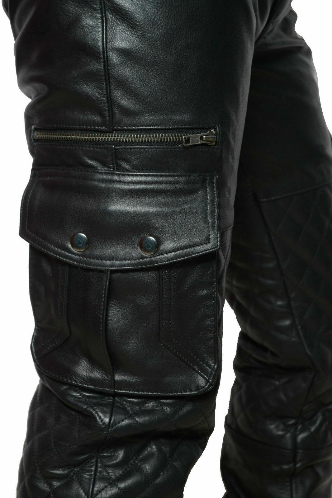 Men's Real Leather Bikers Pants Quilted Leather Cargo Pants Military fit trouser