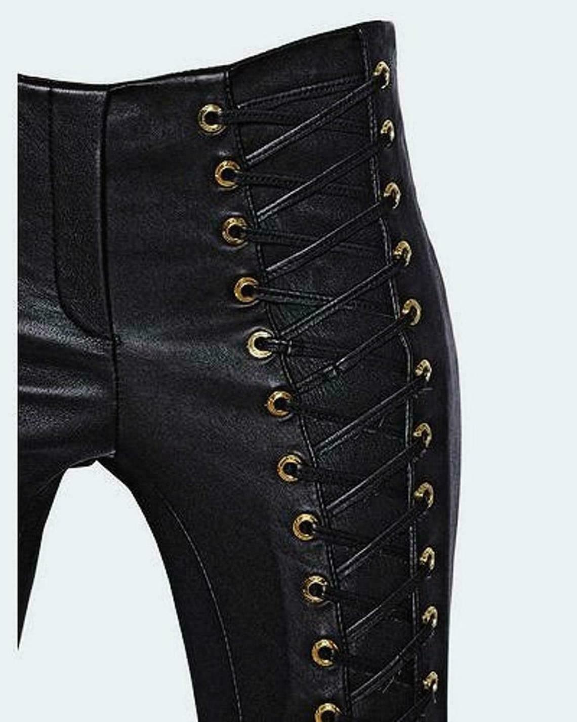 Women skinny leather pants gothic Biker women Motorcycle pants Laceup sexy pants