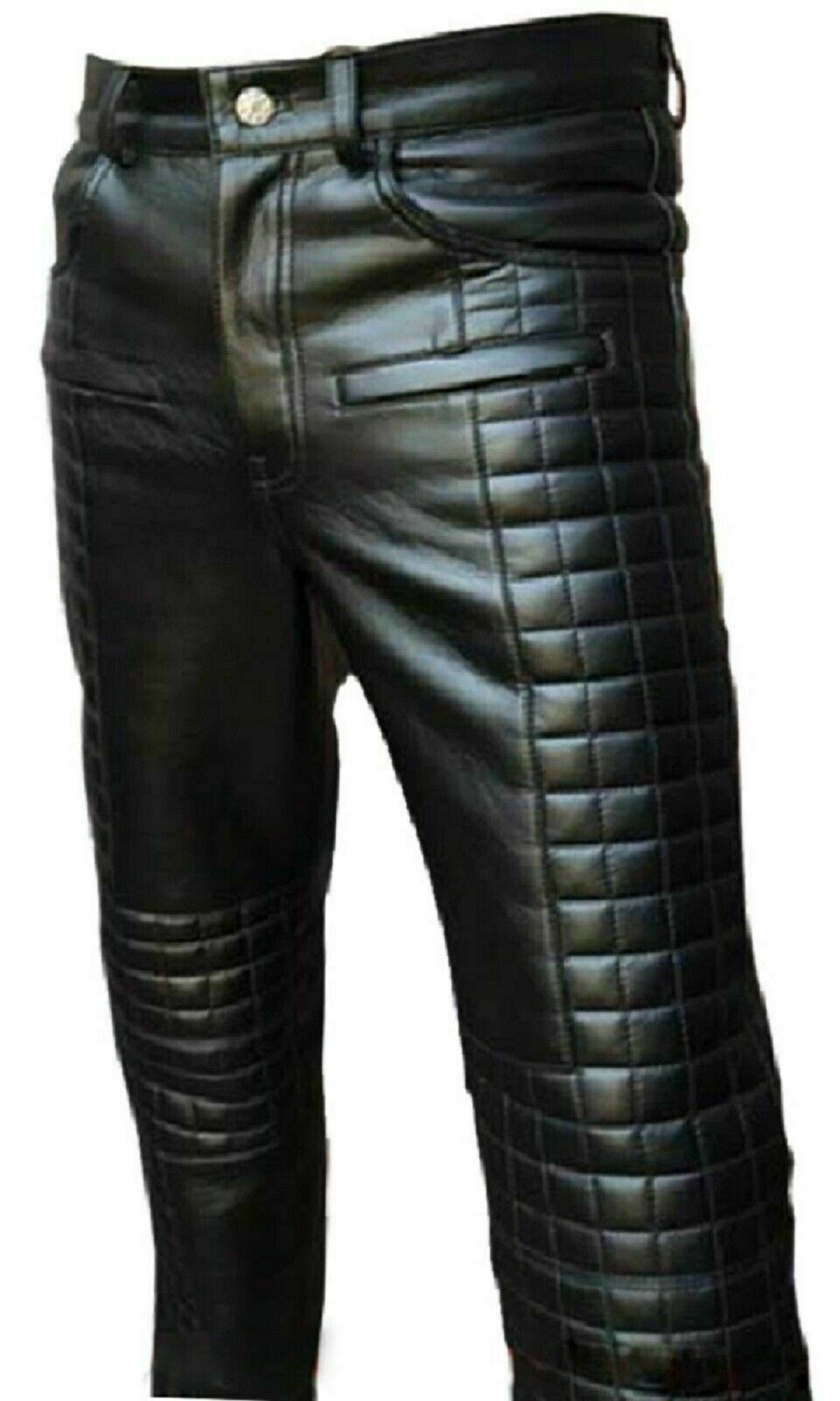 Men's Pants Quilted Biker Trouser Motorcycle Black Genuine BLUF Leather Uniform