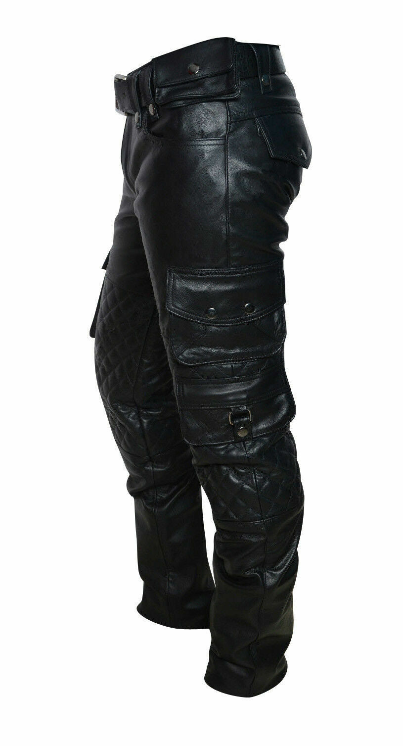 Men's Real Leather Bikers Pants Quilted Leather Cargo Pants Military fit trouser