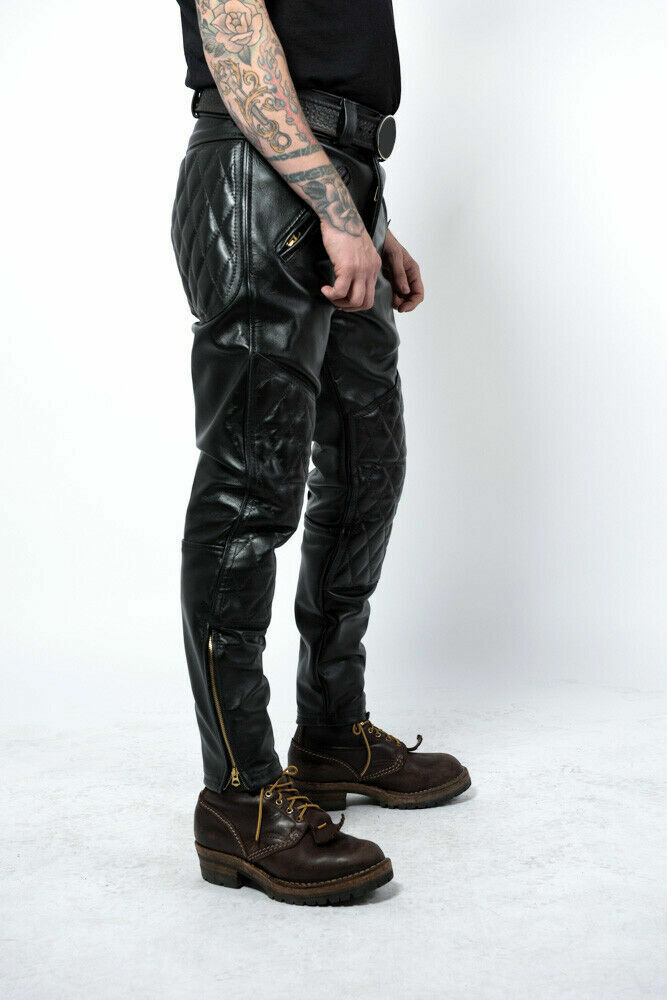 Mens Real Leather Bikers Pants Quilted Leather Black pants BLUF Uniform Gay pant