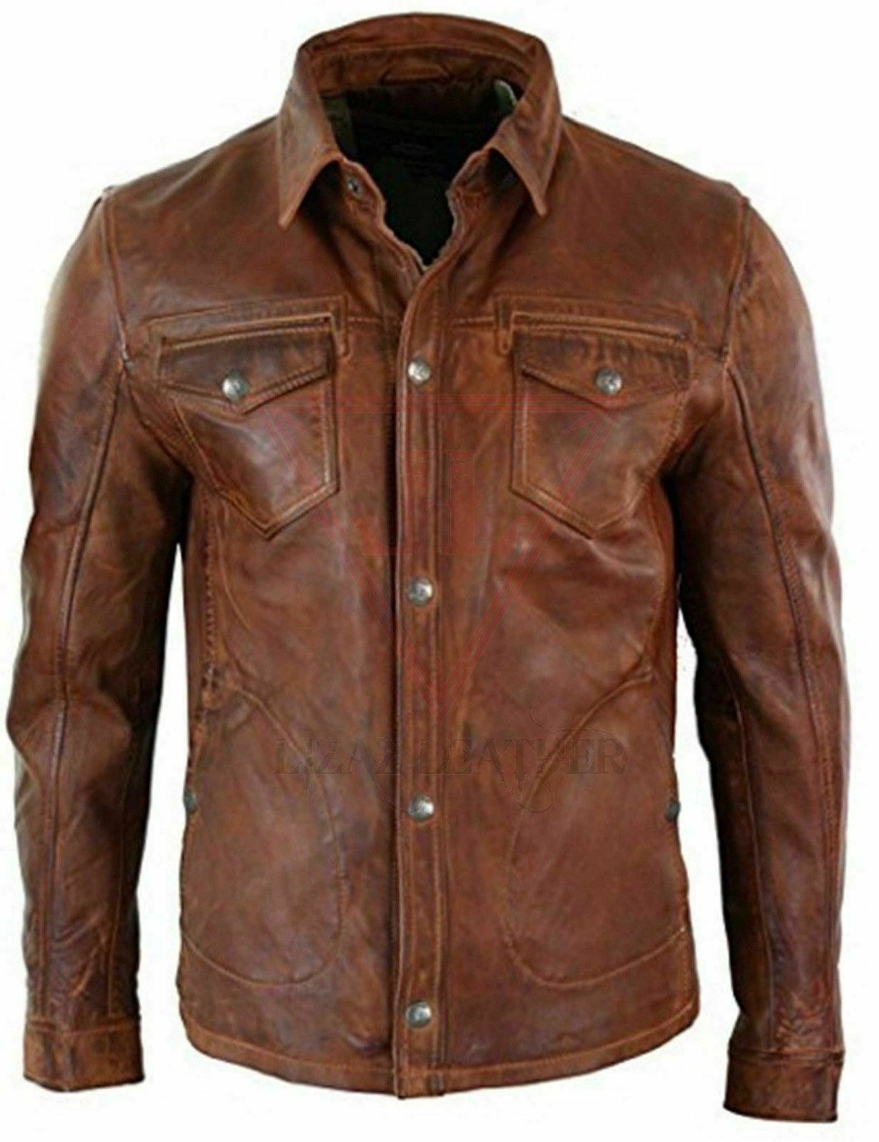 Men's Soft Brown Leather Shirt Slim Fit Full Sleeve Button up Men Vintage Jacket