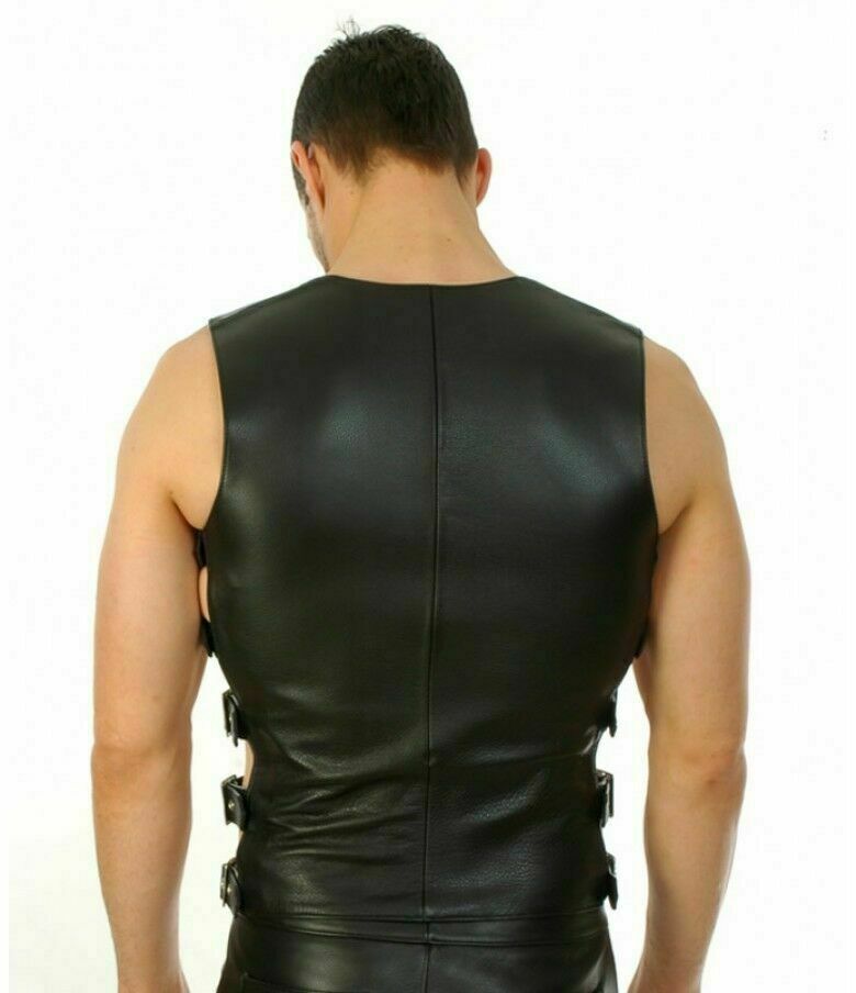 New Mens Genuine Leather Vest Motorcycle club Leather vest Fetish Open Gay Top