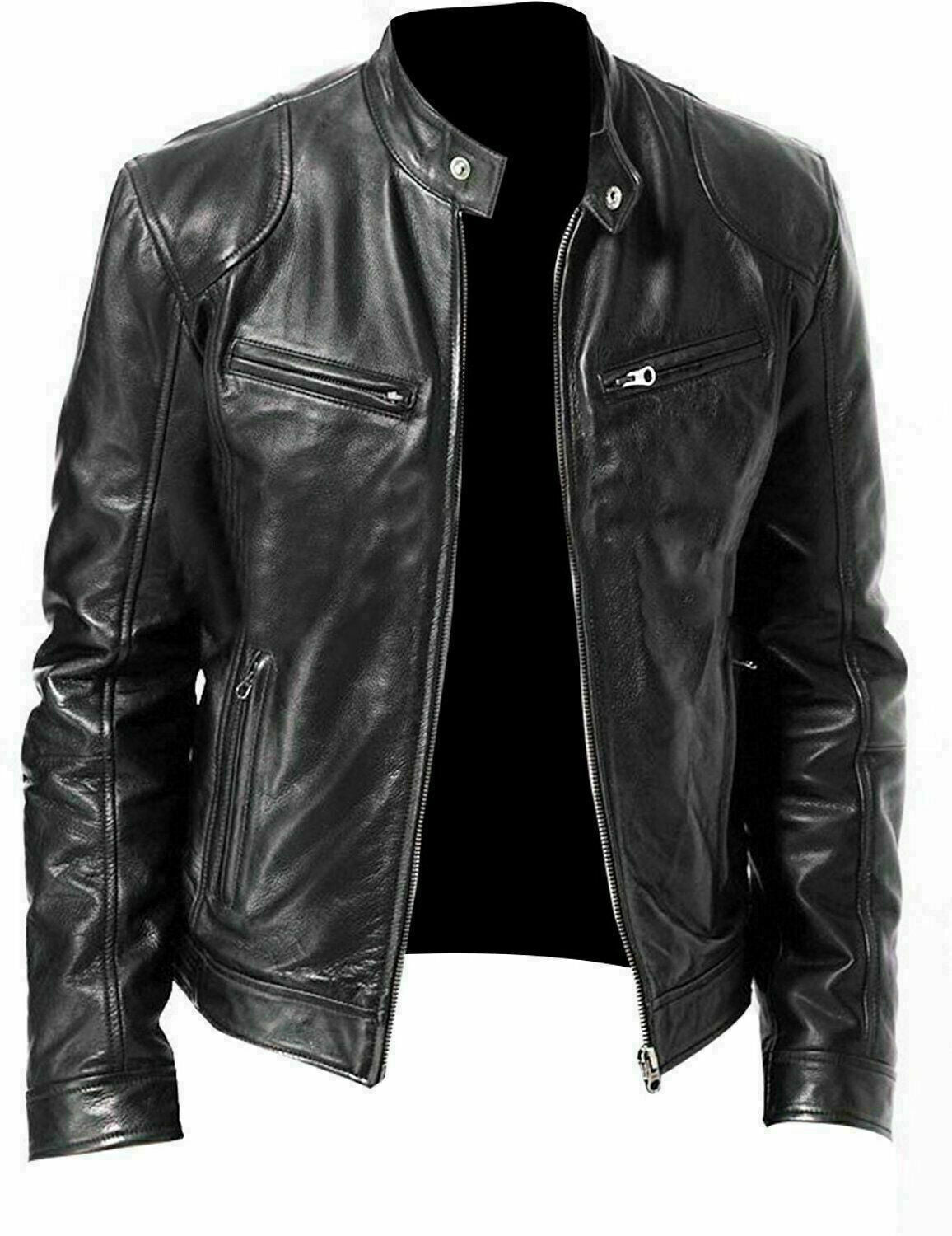 Mens Motorcycle Distressed Vintage Black Genuine Leather Biker Cafe Racer