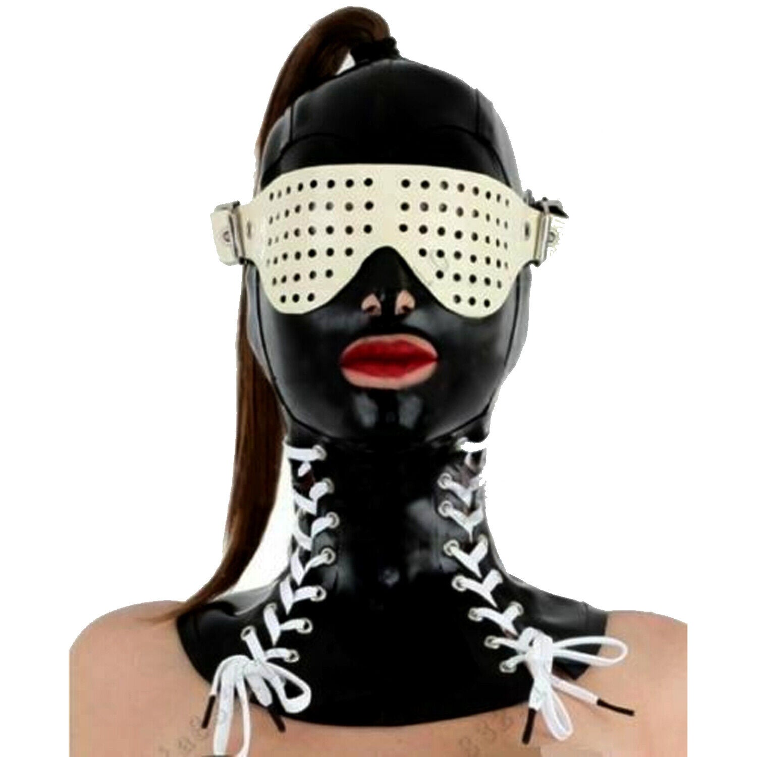 *Real Leather Women Hood Blindfold with Eye cover Lace Up fetish Mistress Mask