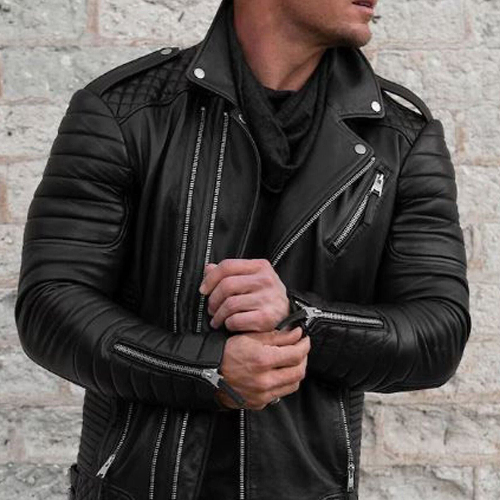 Quilted  Men Black Genuine Leather Jacket Outdoor Sleeves & Shoulder Soft Padded