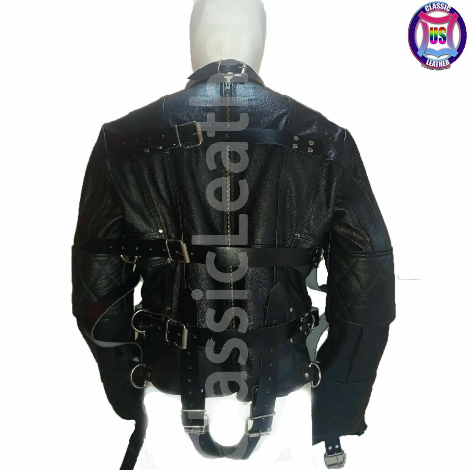 *Men real Leather straight Jacket Asylum BDSM Restraint Costume Armbinder Jacket