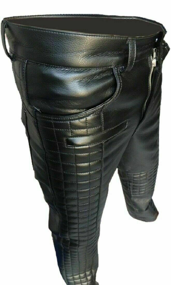 Men's Pants Quilted Biker Trouser Motorcycle Black Genuine BLUF Leather Uniform