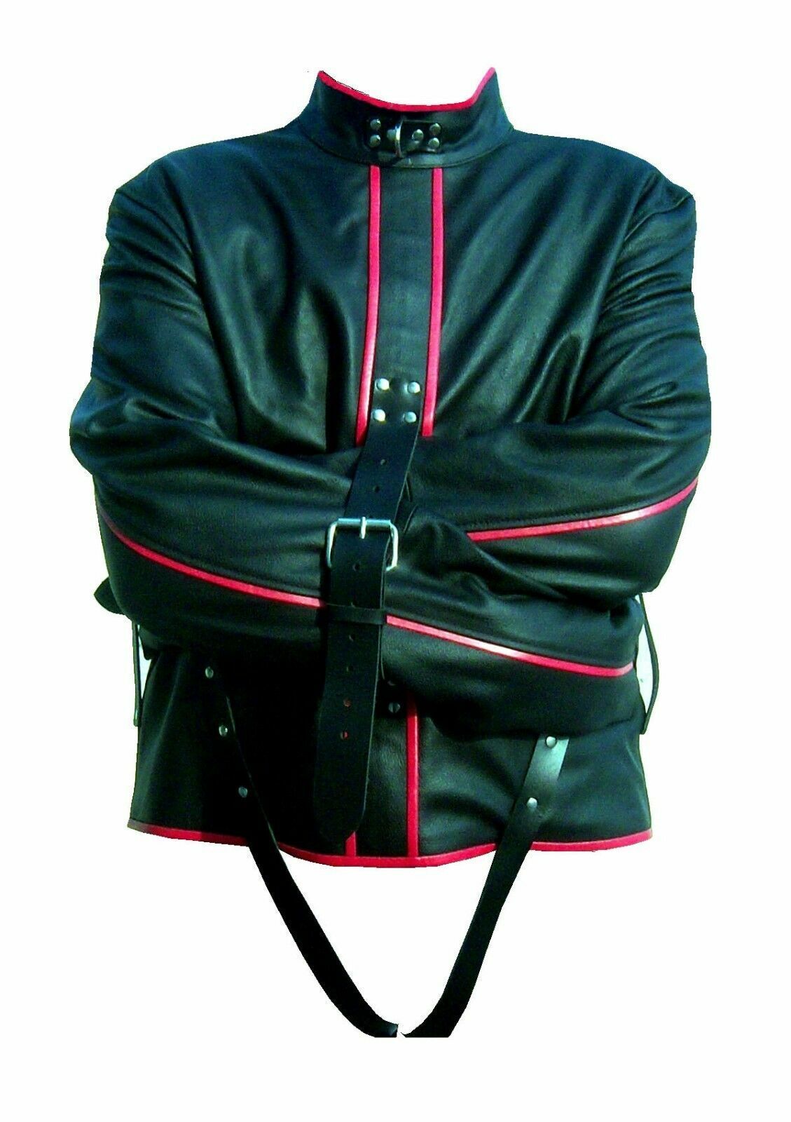 Men Black Leather Straight Jacket Red Piping Dress Asylum restraint bodysuit