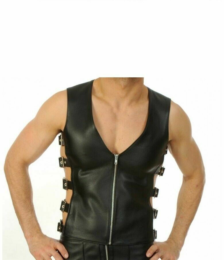 New Mens Genuine Leather Vest Motorcycle club Leather vest Fetish Open Gay Top