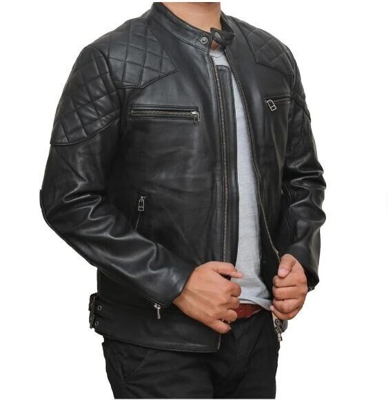 Men Quilted Genuine Leather Jacket Outdoor Soft Padded Casual Leather Jacket