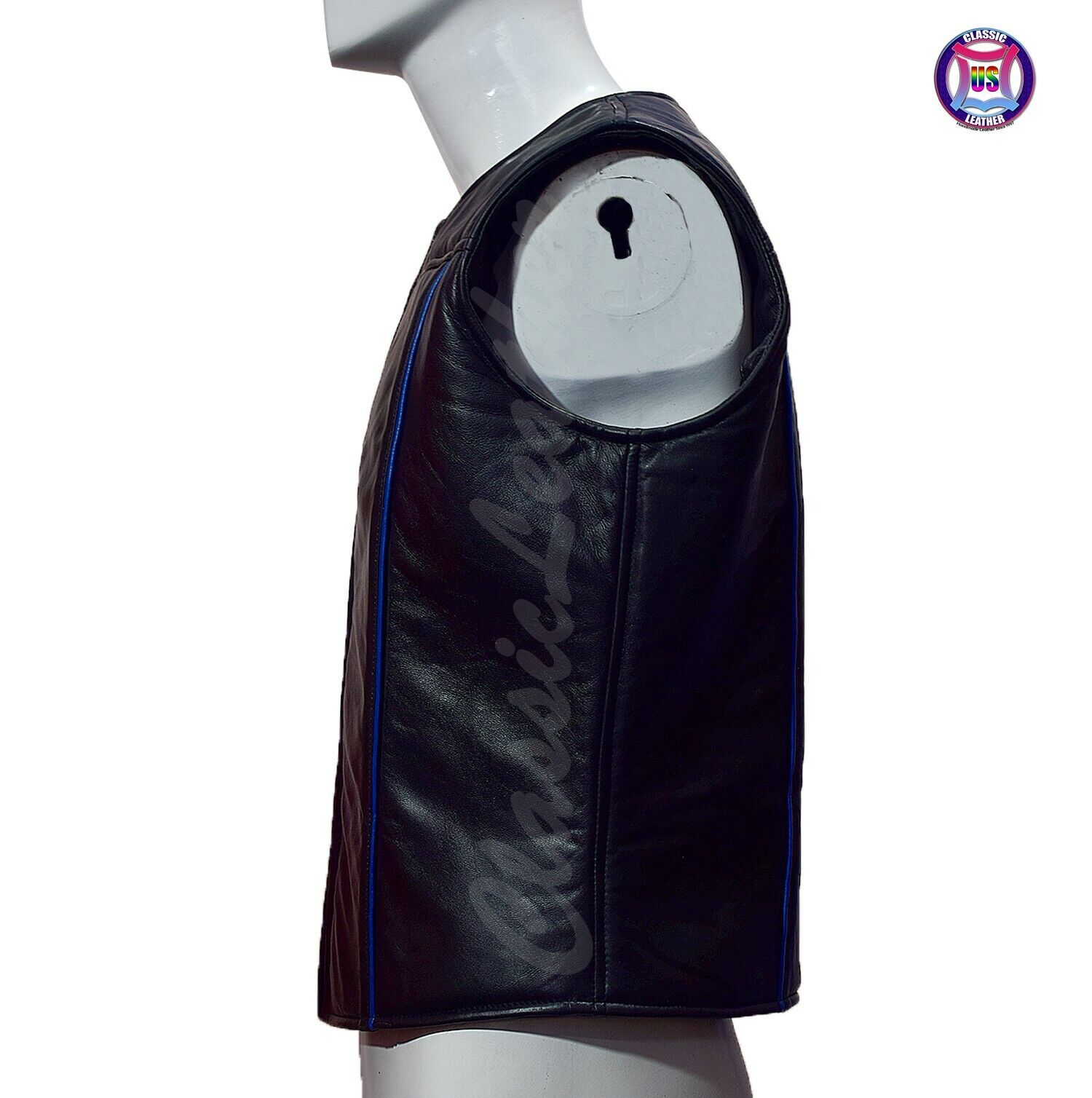 Mens leather waistcoat gay vest black bluf sleeveless Zipper jacket blue piping