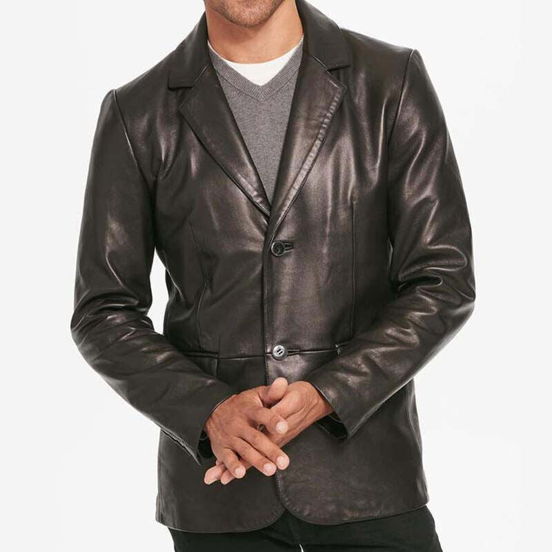 Mens Two Button Black Leather Blazer 