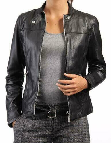 New Women Genuine Real Leather Jacket Motorcycle Black Slim Fit Biker Jacket