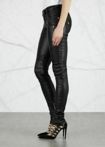 Women Black Pant quilted Lambskin Leather Biker Pants Trousers Skinny Leggings 