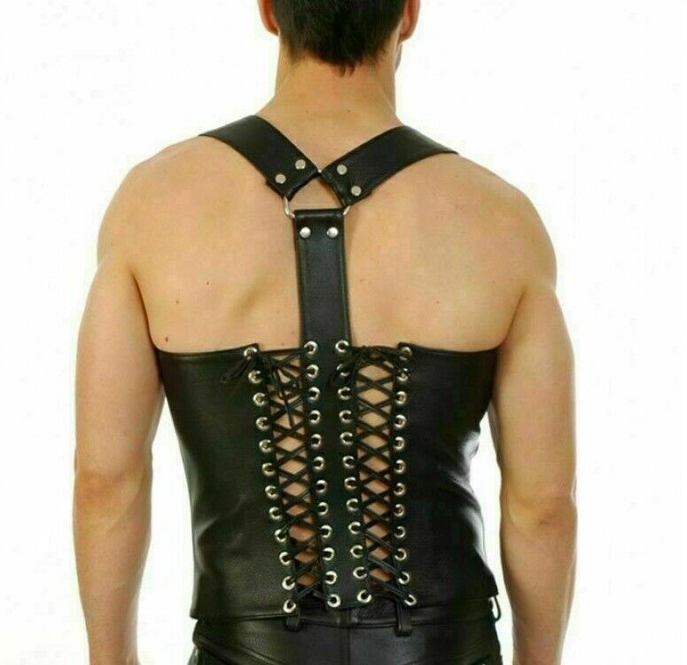 Black Leather waistcoat Harley biker club studs jacket Gay vest mens zipper Vest