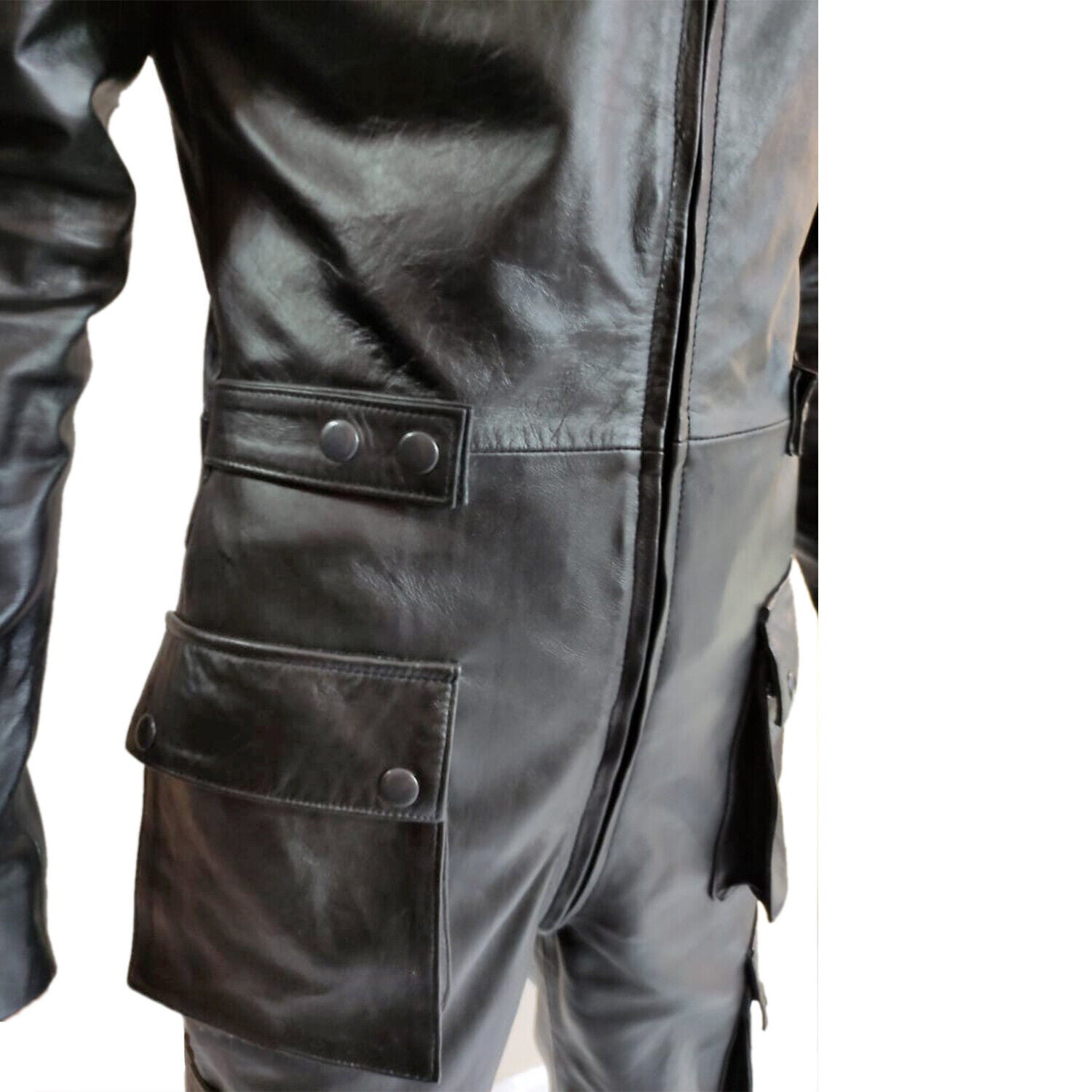 MEN REAL LEATHER CATSUIT BLACK BODYSUIT OVERALL MEN JUMPSUIT HOT WORKWEAR ROMPER