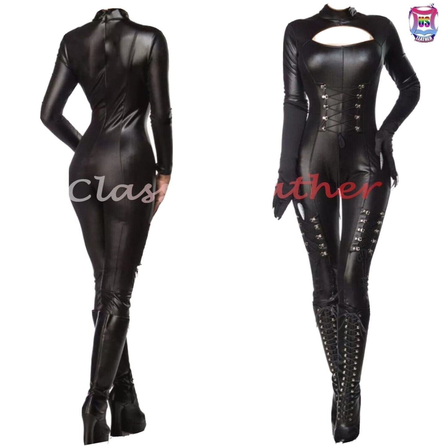 Women Black Leather Jumpsuit Sexy Clubwear Catsuit Slim fit fashion gothic Dress