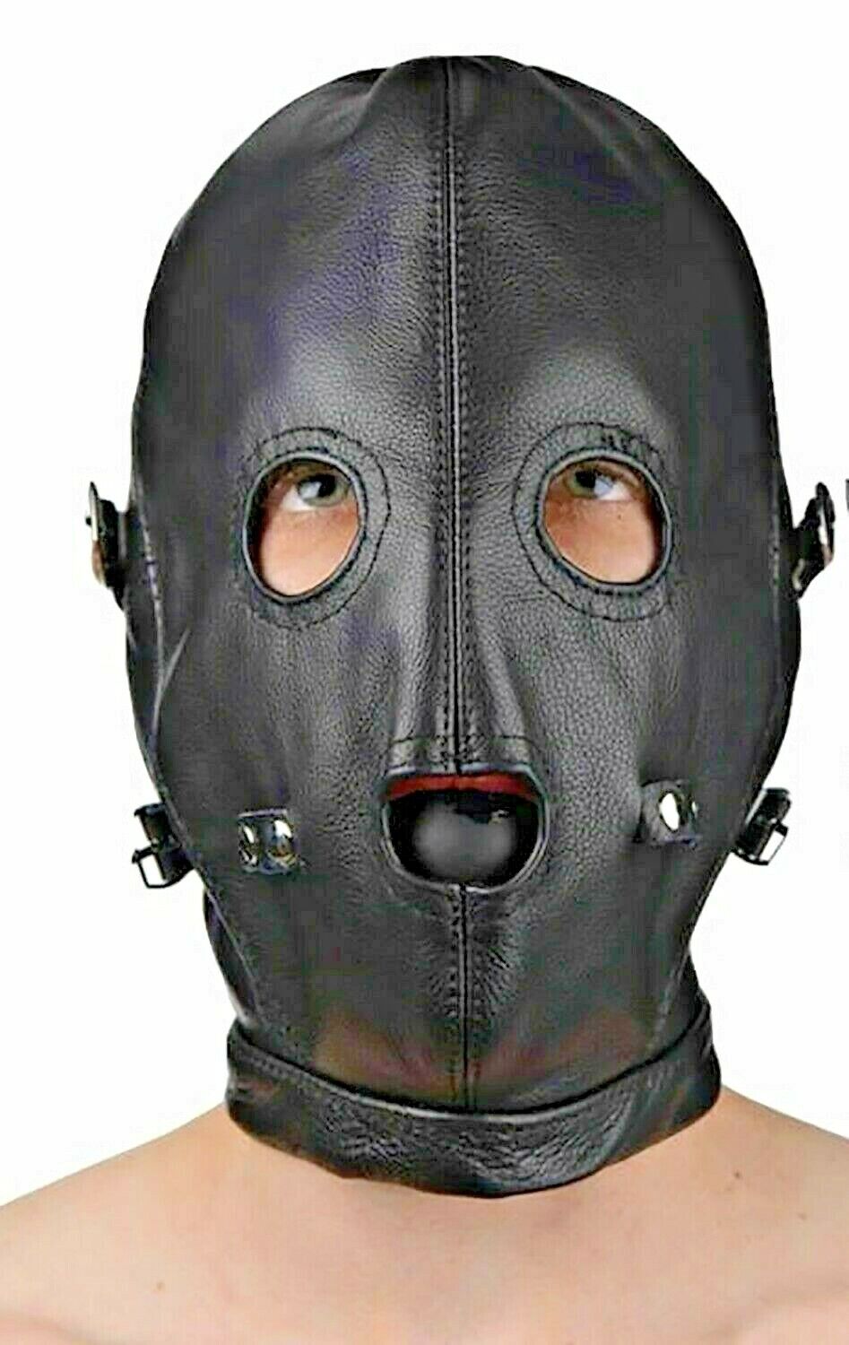 Blindfold Leather Hood Bondage mask BDSM Head Restraint slave harness Face mask