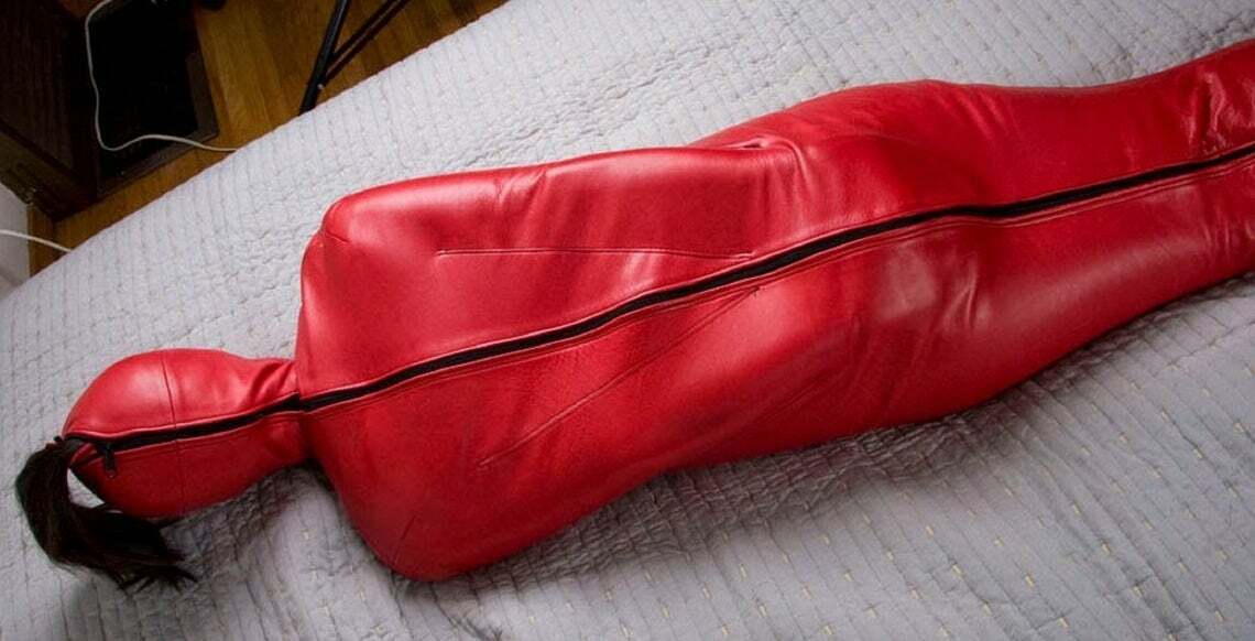 Leather Extreme Bondage bag RED Leather Sleep Sack BDSM Sensory Deprivation Hood