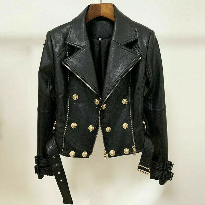 *Women Double breast Jacket Biker Golden Button Leather Blazer Motorcycle Jacket